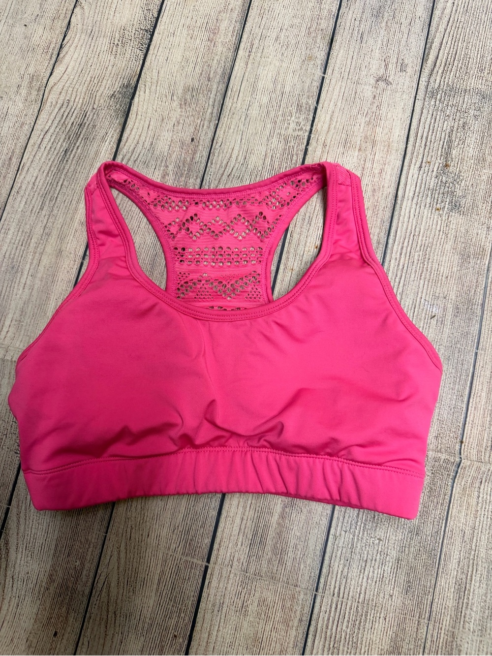 Racerback Crochet-Detail Sports Bra in Hot Pink